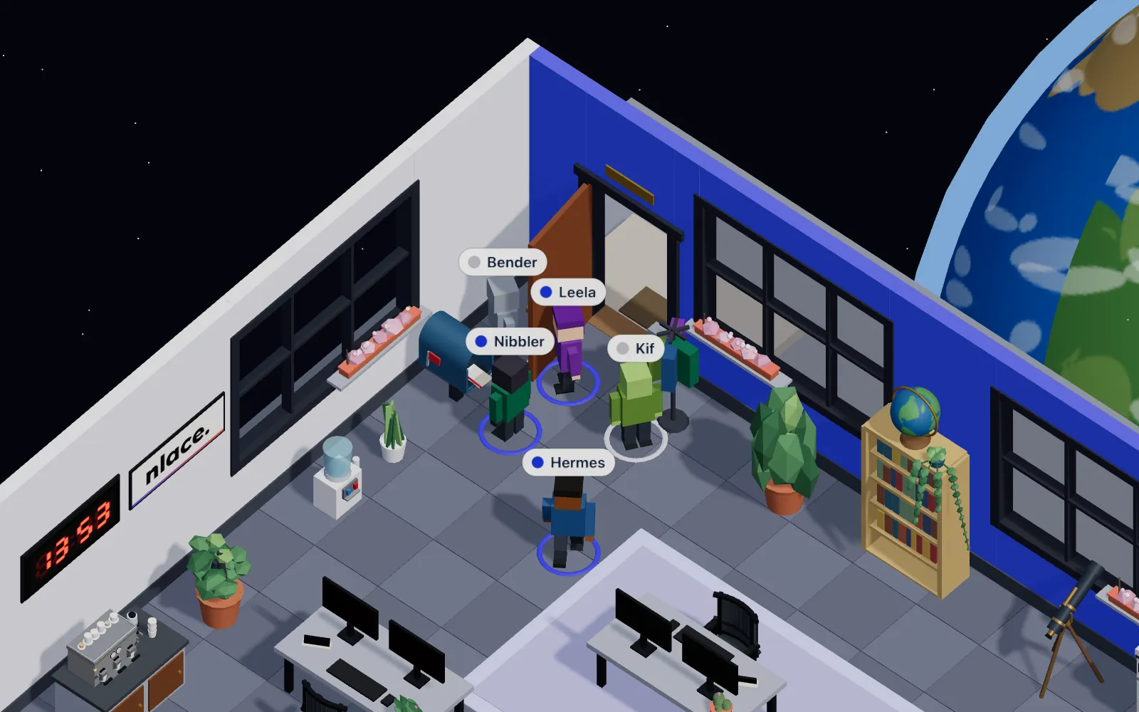Leela, Nibbler, Kif, Hermes y Bender en la oficina de agentes de NLACE